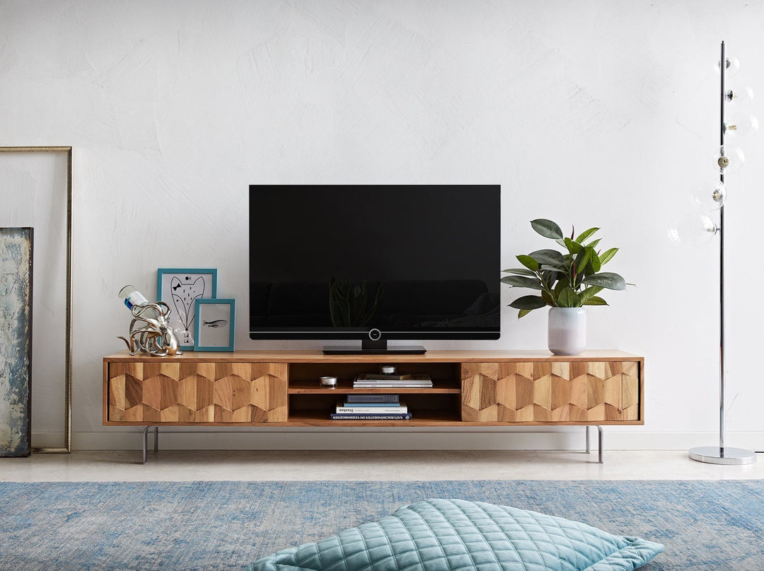 TV unit, solid acacia wood and steel, 2 doors