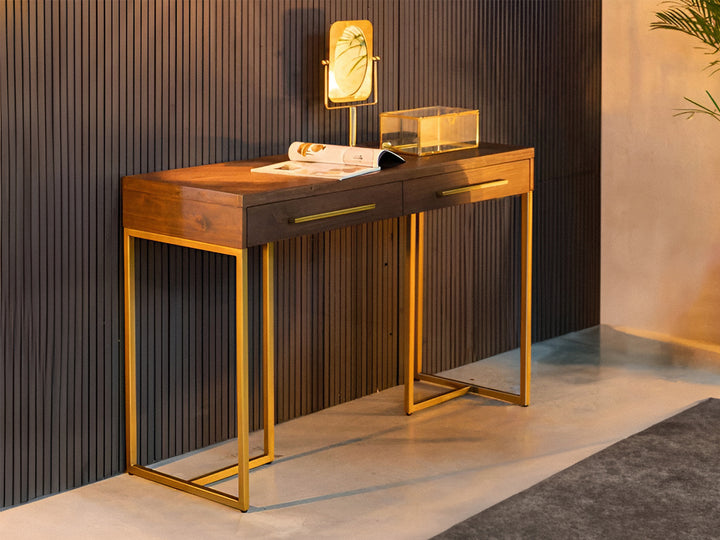 Console table, solid mango wood and steel, 2 drawers
