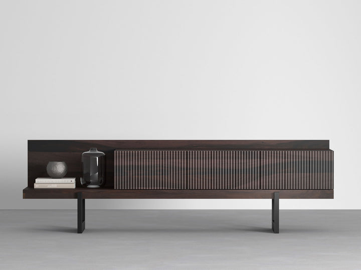 TV unit, solid sheesham wood and steel, 3 drawers