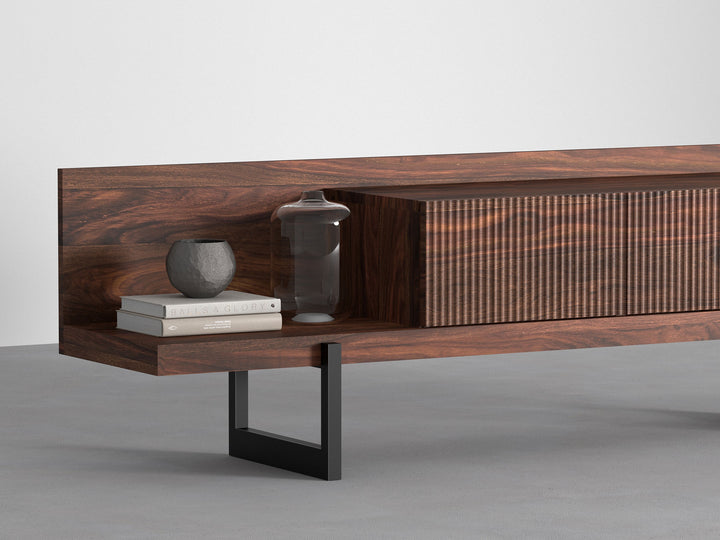 TV unit, solid sheesham wood and steel, 3 drawers