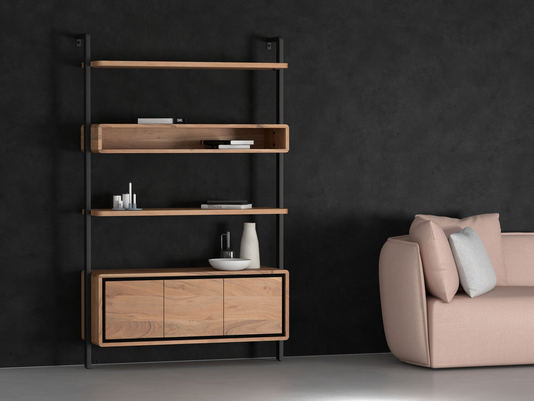 Bookshelf, solid acacia wood and steel, 3 doors