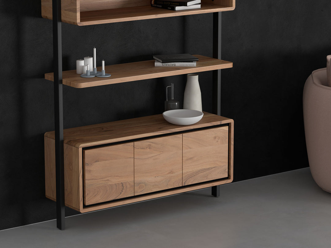 Bookshelf, solid acacia wood and steel, 3 doors