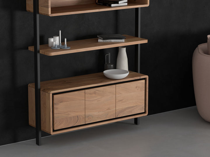 Bookshelf, solid acacia wood and steel, 3 doors