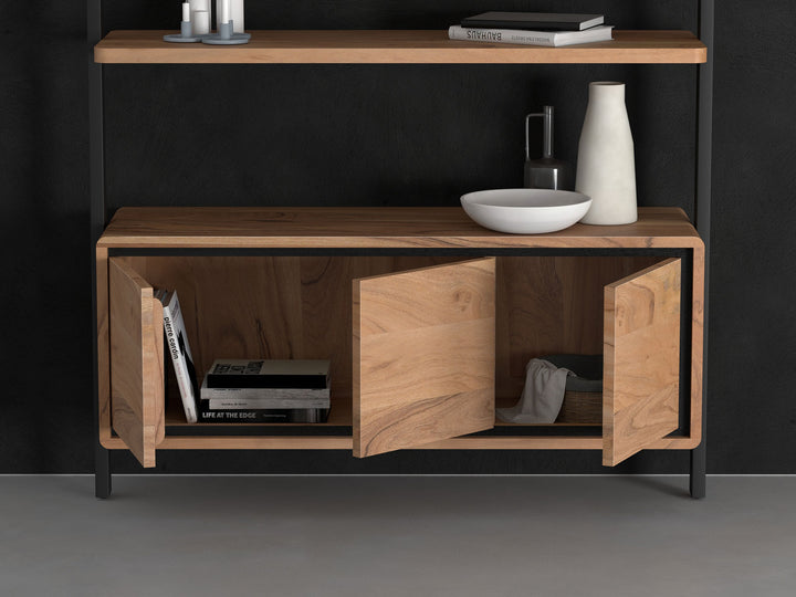 Bookshelf, solid acacia wood and steel, 3 doors