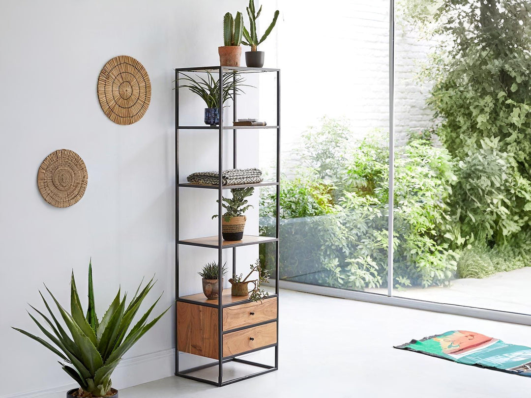 Bookshelf, solid acacia wood and steel, 2 drawers