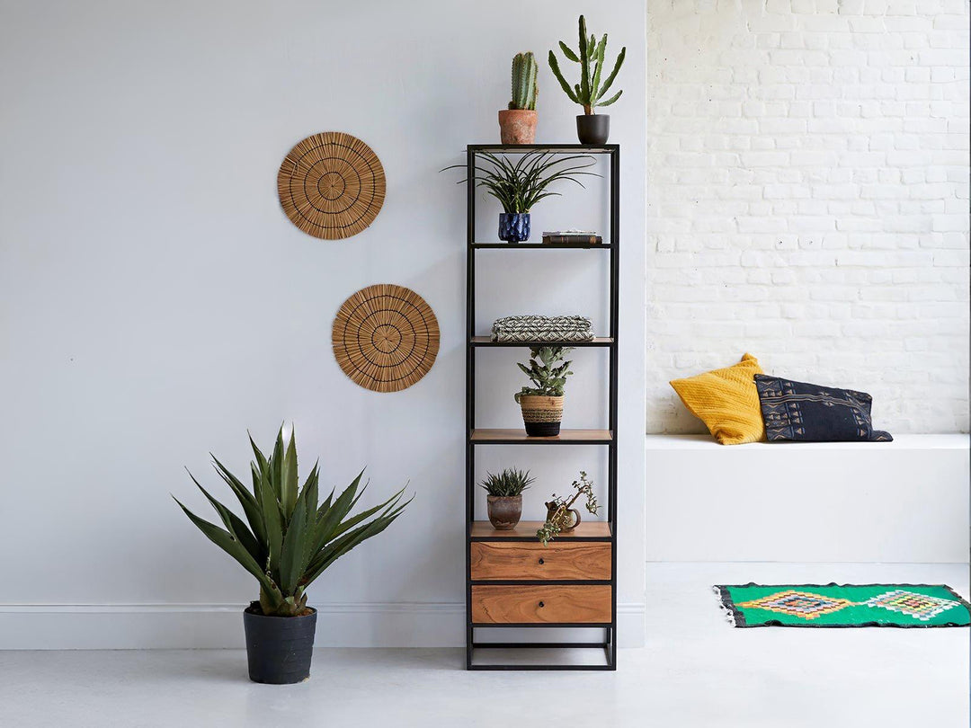 Bookshelf, solid acacia wood and steel, 2 drawers