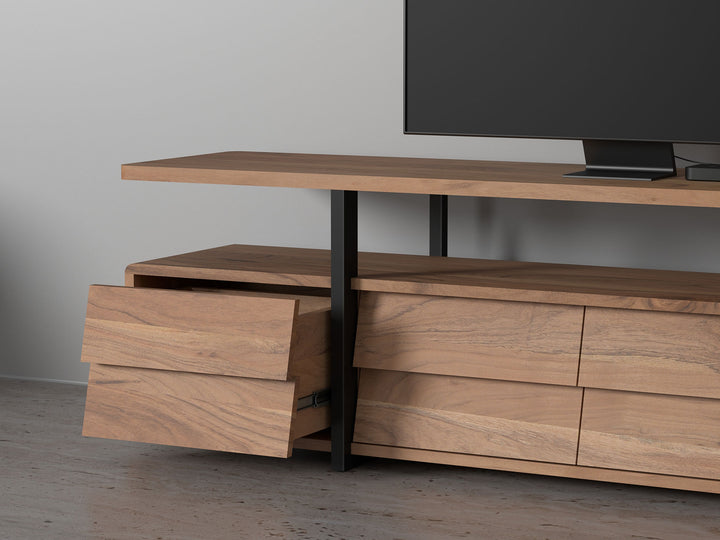 TV unit, solid acacia wood and steel, 4 drawers