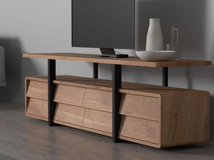 TV unit, solid acacia wood and steel, 4 drawers