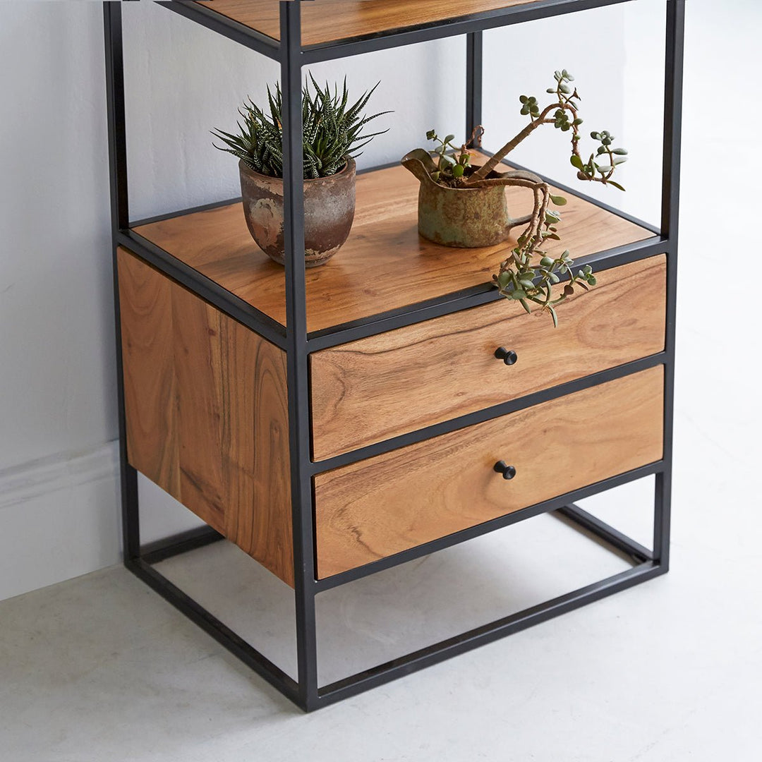 Bookshelf with two drawers made of solid acacia wood and carbon steel - INMARWAR