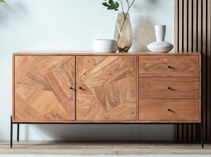 Sideboard with two doors and three drawers made of solid acacia wood and carbon steel - INMARWAR