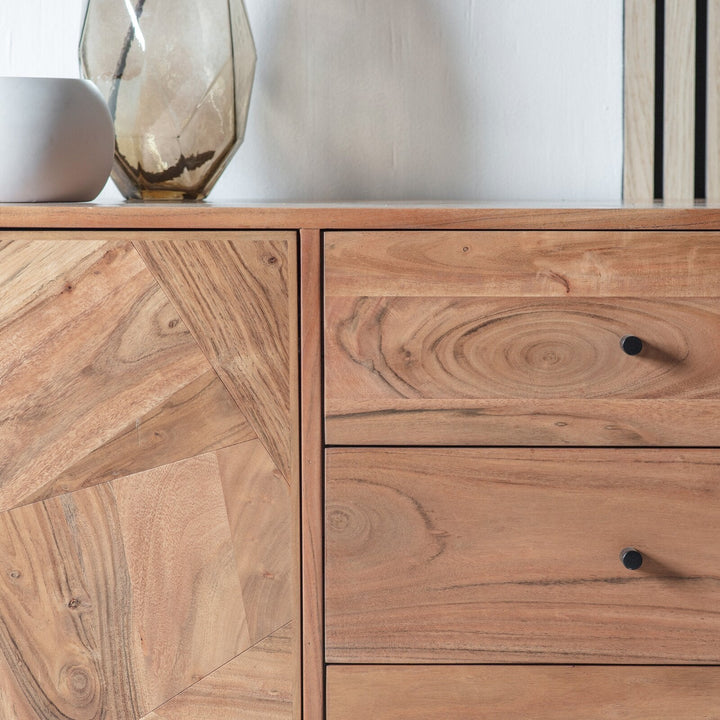 Sideboard with two doors and three drawers made of solid acacia wood and carbon steel - INMARWAR