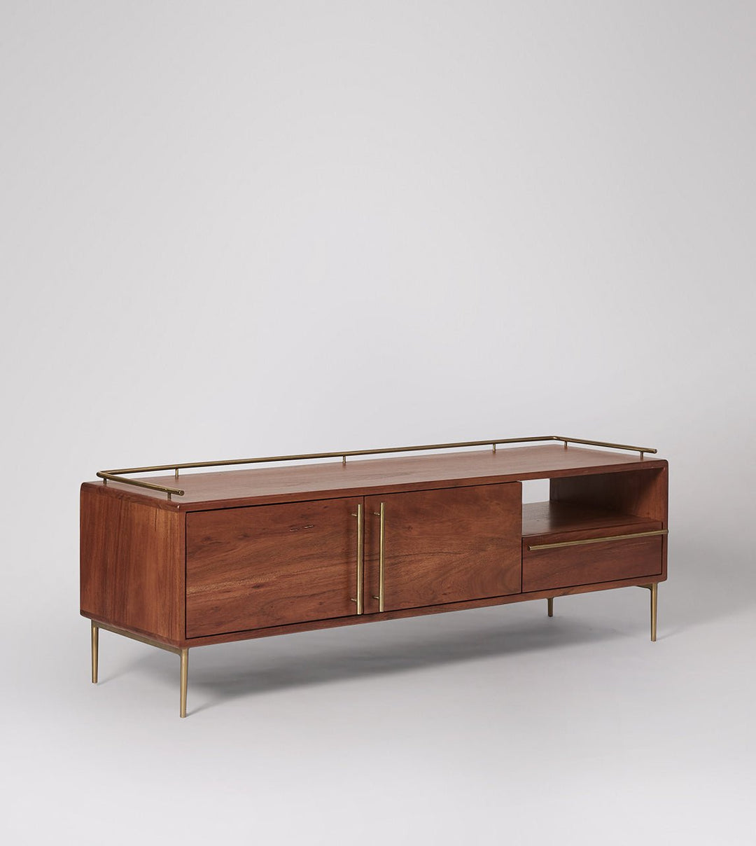 TV unit with two doors and one drawer made of solid mango wood and carbon steel - INMARWAR