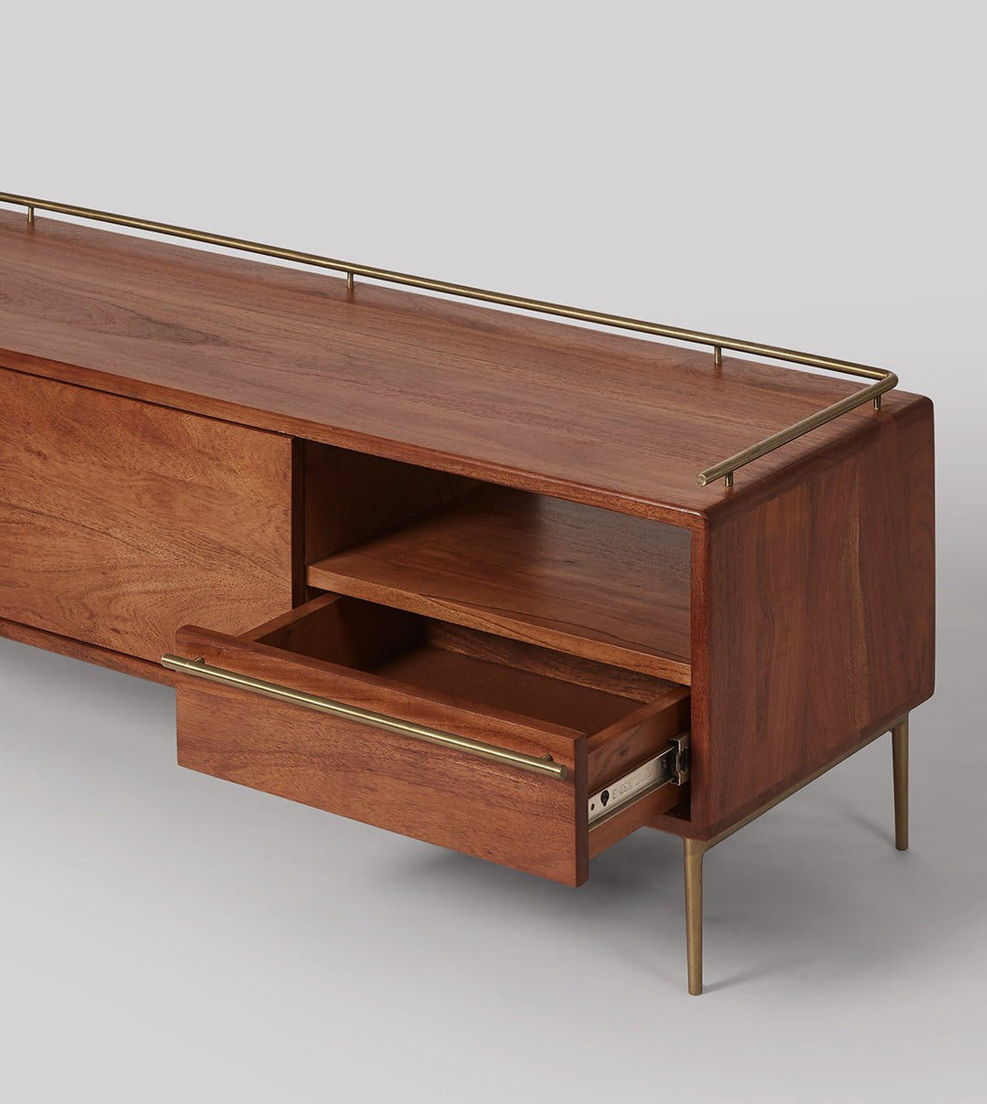 TV unit with two doors and one drawer made of solid mango wood and carbon steel - INMARWAR