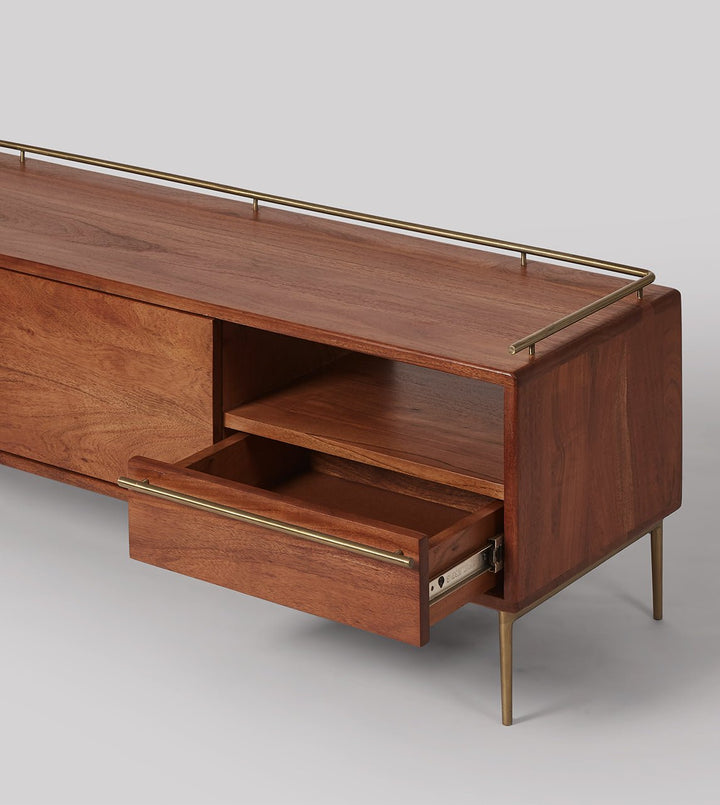 TV unit with two doors and one drawer made of solid mango wood and carbon steel - INMARWAR