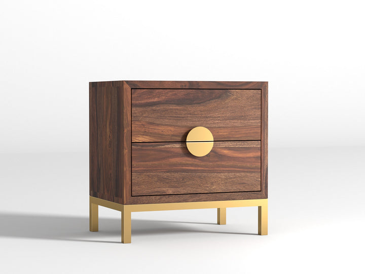 Bedside table with two drawers made of solid sheesham wood and carbon steel