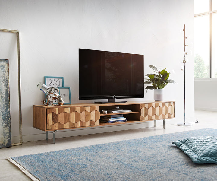 TV unit with two doors made of solid acacia wood and carbon steel