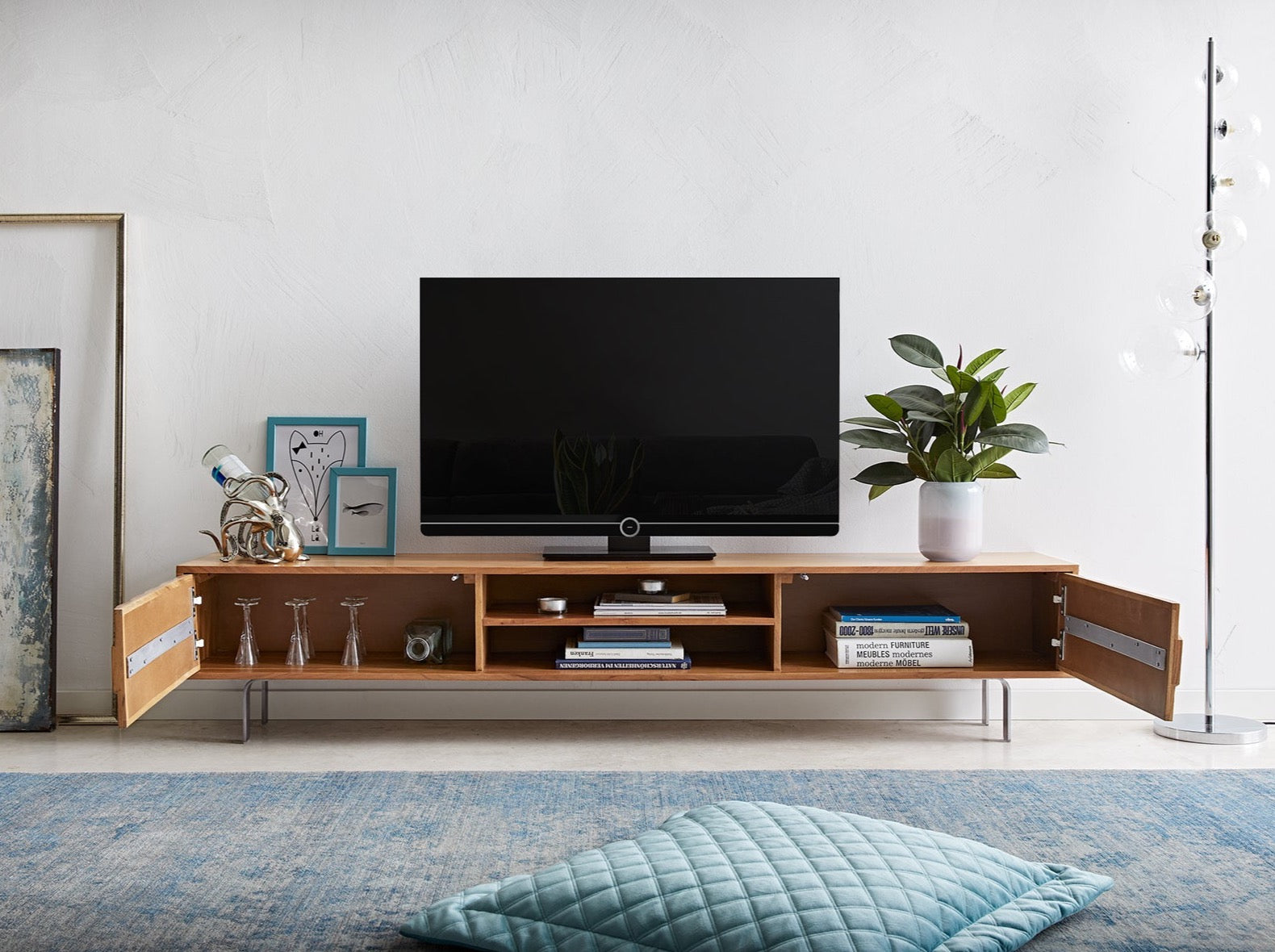 TV unit with two doors made of solid acacia wood and carbon steel ...