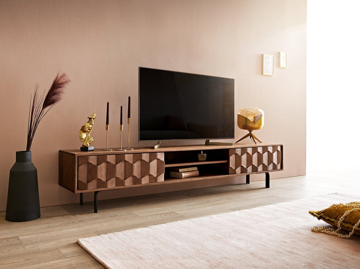 TV unit with two doors made of solid acacia wood and carbon steel