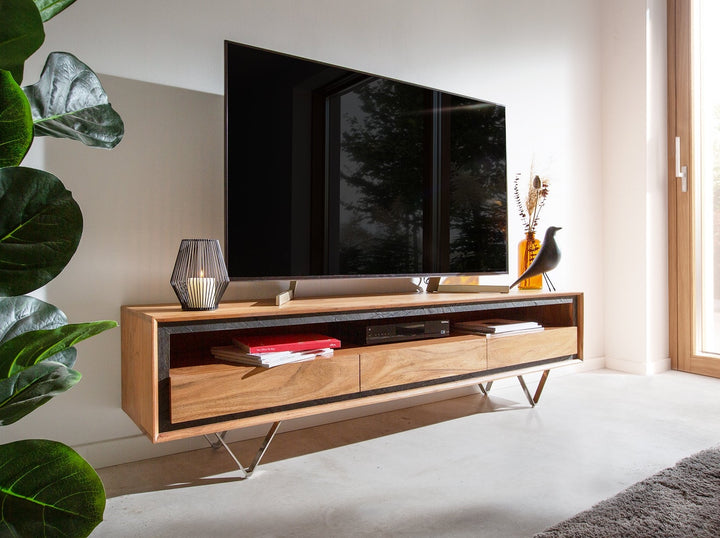 TV unit with three drawers made of solid acacia wood and carbon steel