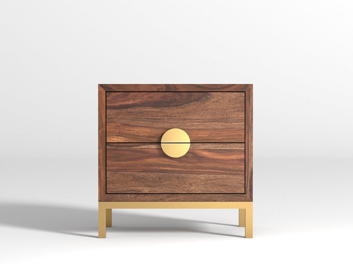 Bedside table with two drawers made of solid sheesham wood and carbon steel