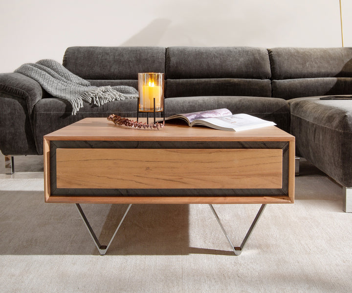 Coffee table with one drawer made of solid acacia wood and carbon steel