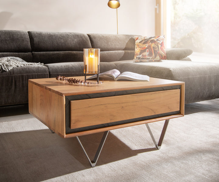 Coffee table with one drawer made of solid acacia wood and carbon steel