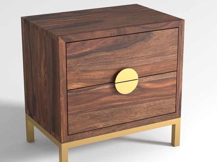 Bedside table with two drawers made of solid sheesham wood and carbon steel