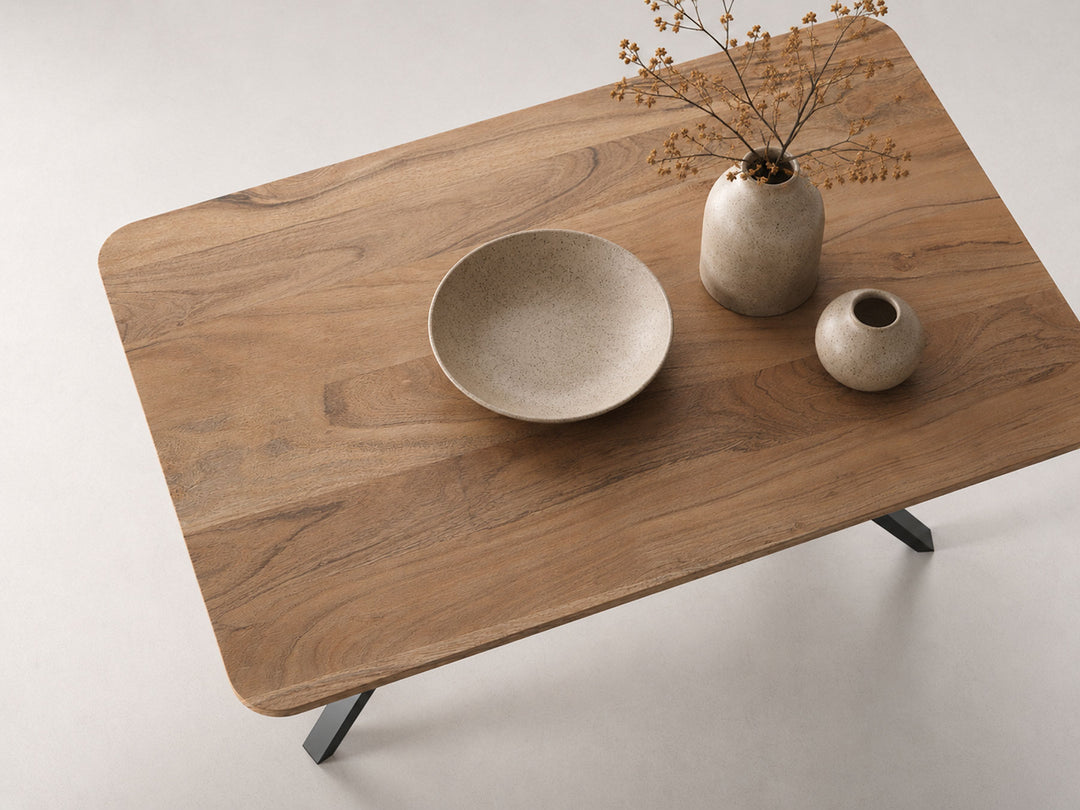 4 Seater dining table, solid acacia wood and steel