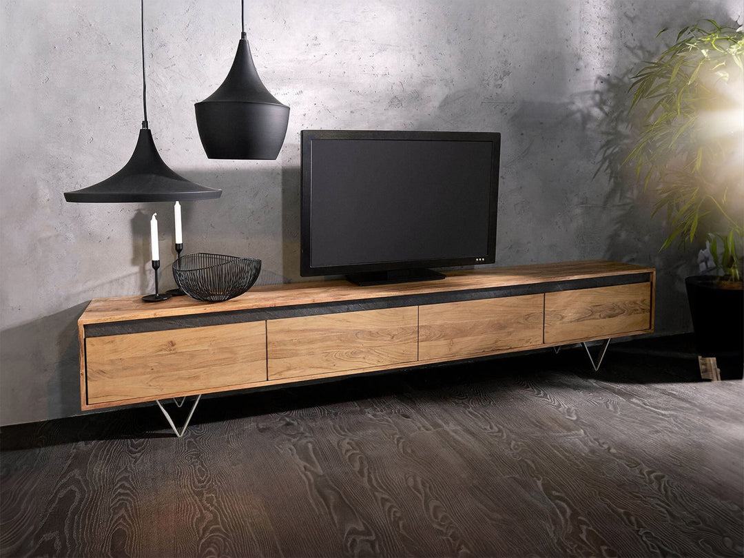 TV unit with four drawers made of solid acacia wood and carbon steel