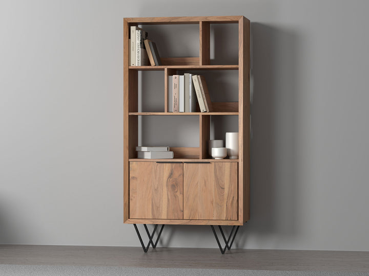 Bookshelf with two doors made of solid acacia wood and carbon steel