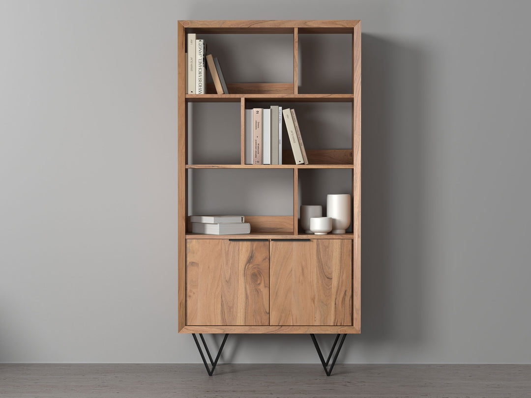 Bookshelf with two doors made of solid acacia wood and carbon steel