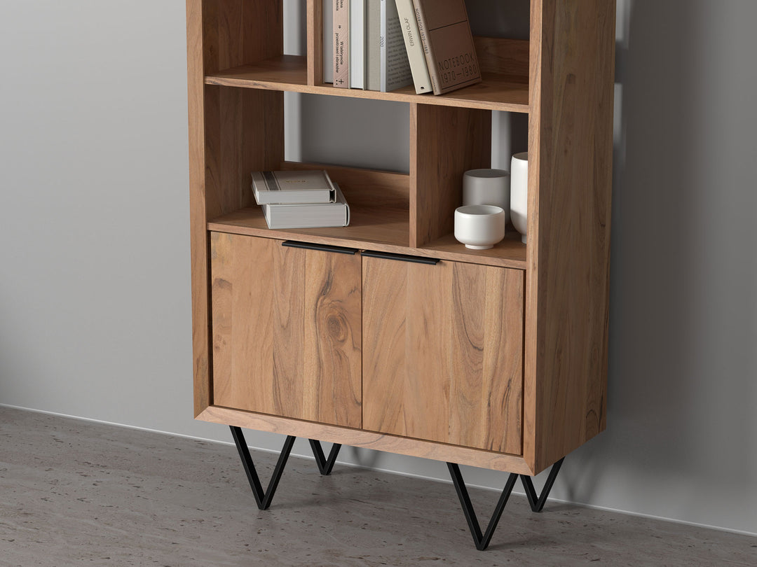 Bookshelf with two doors made of solid acacia wood and carbon steel