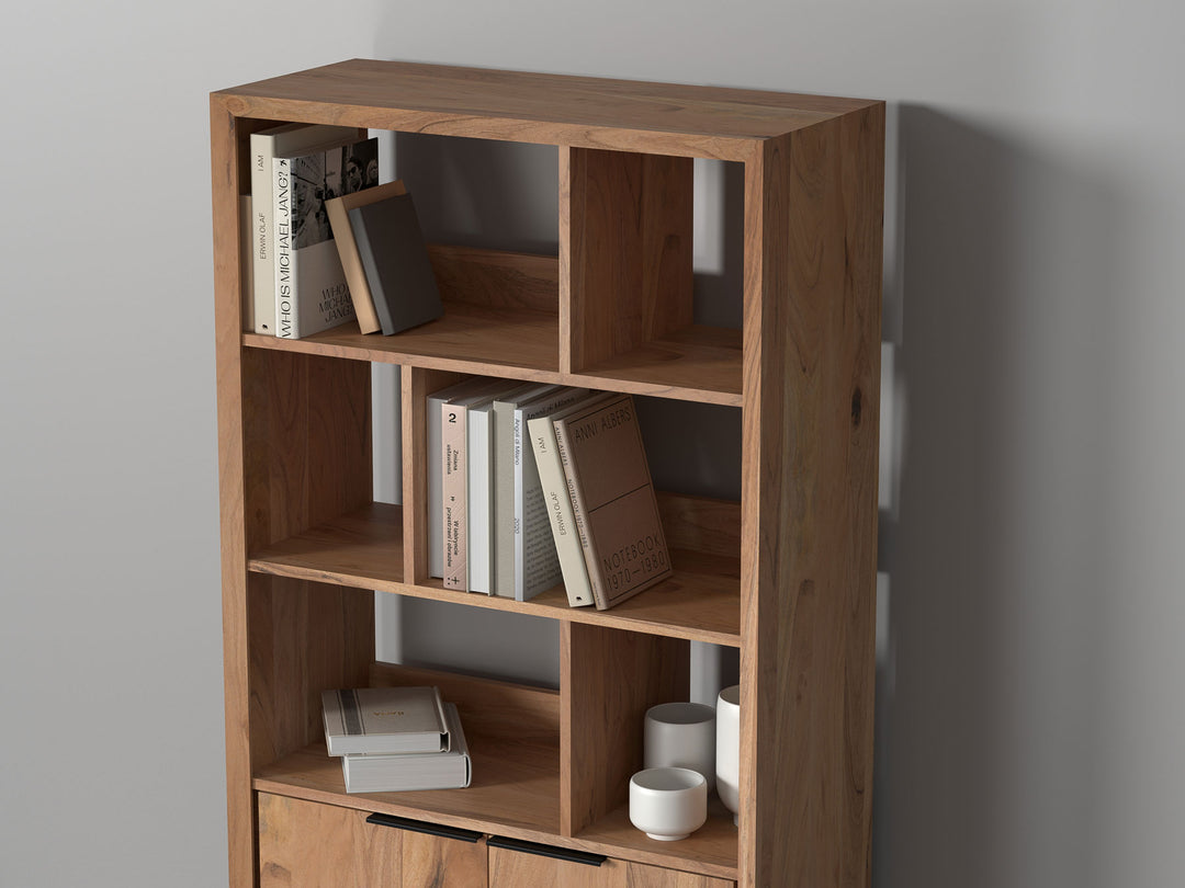 Bookshelf with two doors made of solid acacia wood and carbon steel