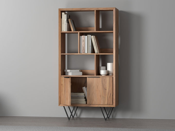 Bookshelf with two doors made of solid acacia wood and carbon steel