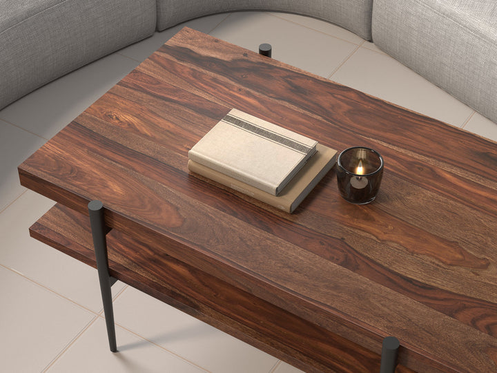 Coffee table made of solid sheesham wood and carbon steel