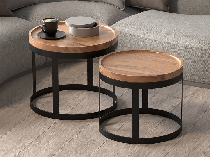Set of two tables suitable as a nesting tables or coffee table made of solid acacia wood and carbon steel