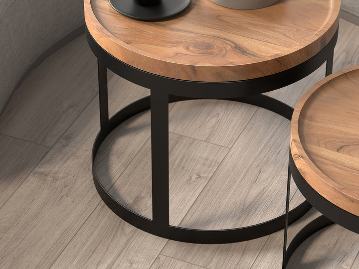 Set of two tables suitable as a nesting tables or coffee table made of solid acacia wood and carbon steel