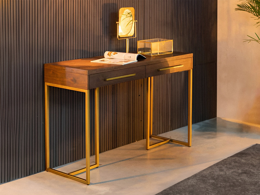 Console table with two drawers made of solid mango wood and carbon steel