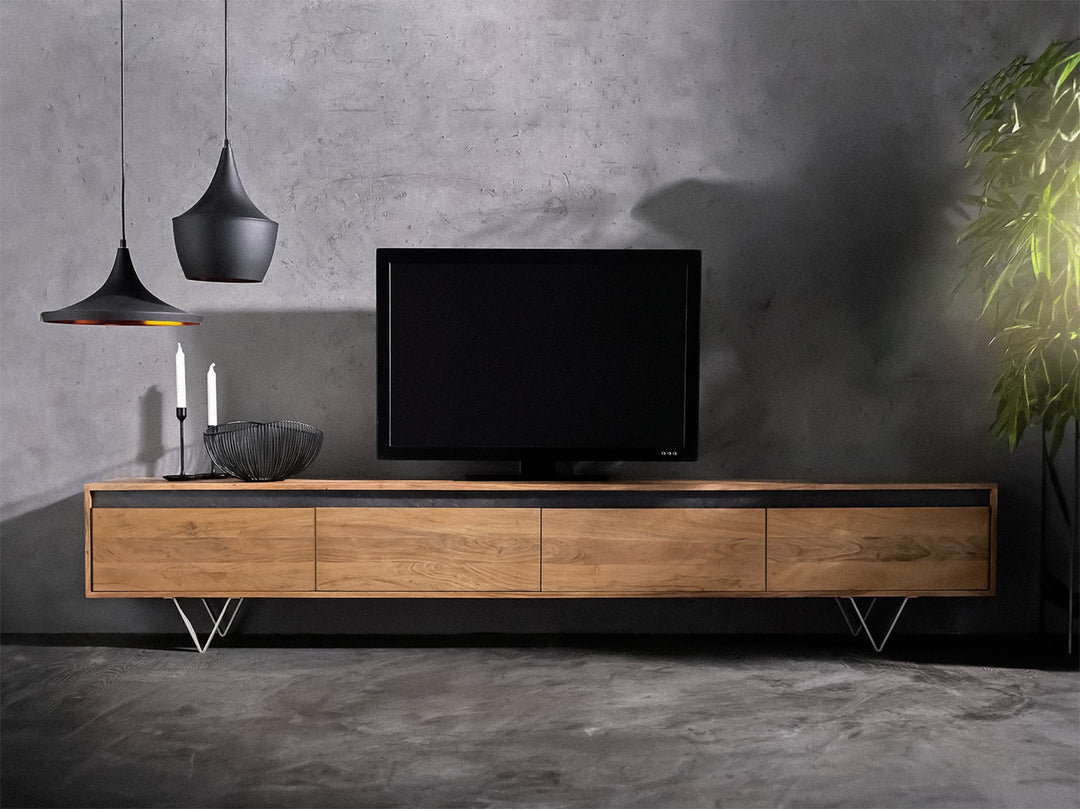 TV unit with four drawers made of solid acacia wood and carbon steel