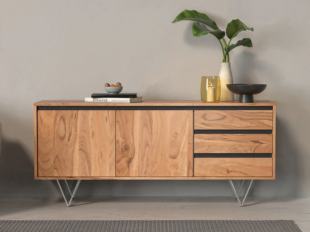 Sideboard with two doors and three drawers made of solid acacia wood and carbon steel