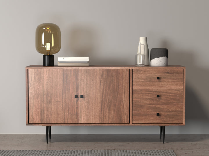 Sideboard with two doors and three drawers made of solid mango wood and carbon steel