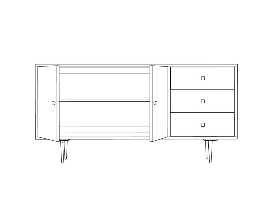 Sideboard with two doors and three drawers made of solid mango wood and carbon steel