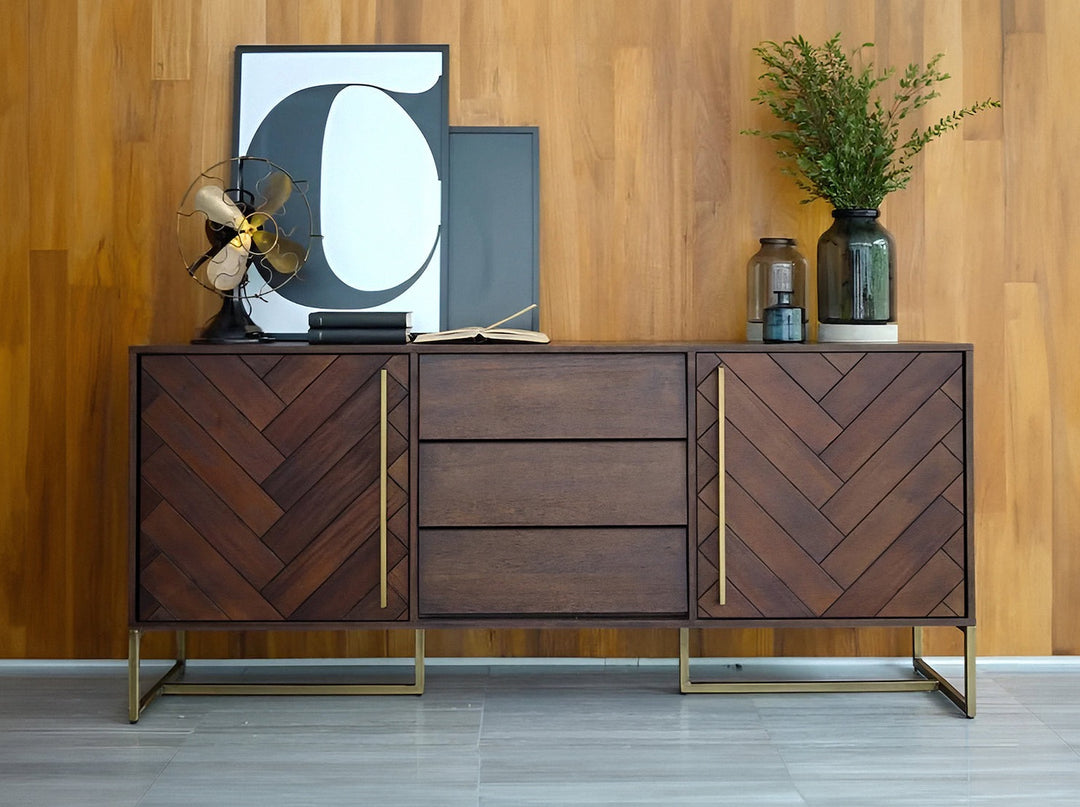 Sideboard with three drawers and two doors made of solid mango wood and carbon steel