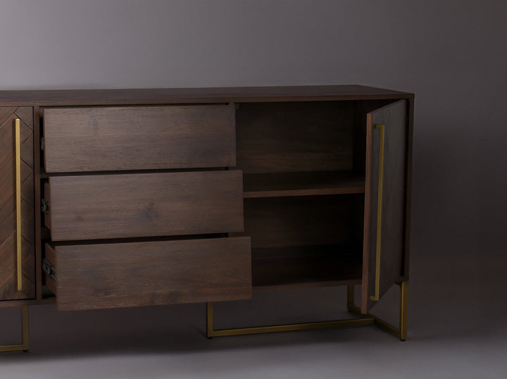 Sideboard with three drawers and two doors made of solid mango wood and carbon steel