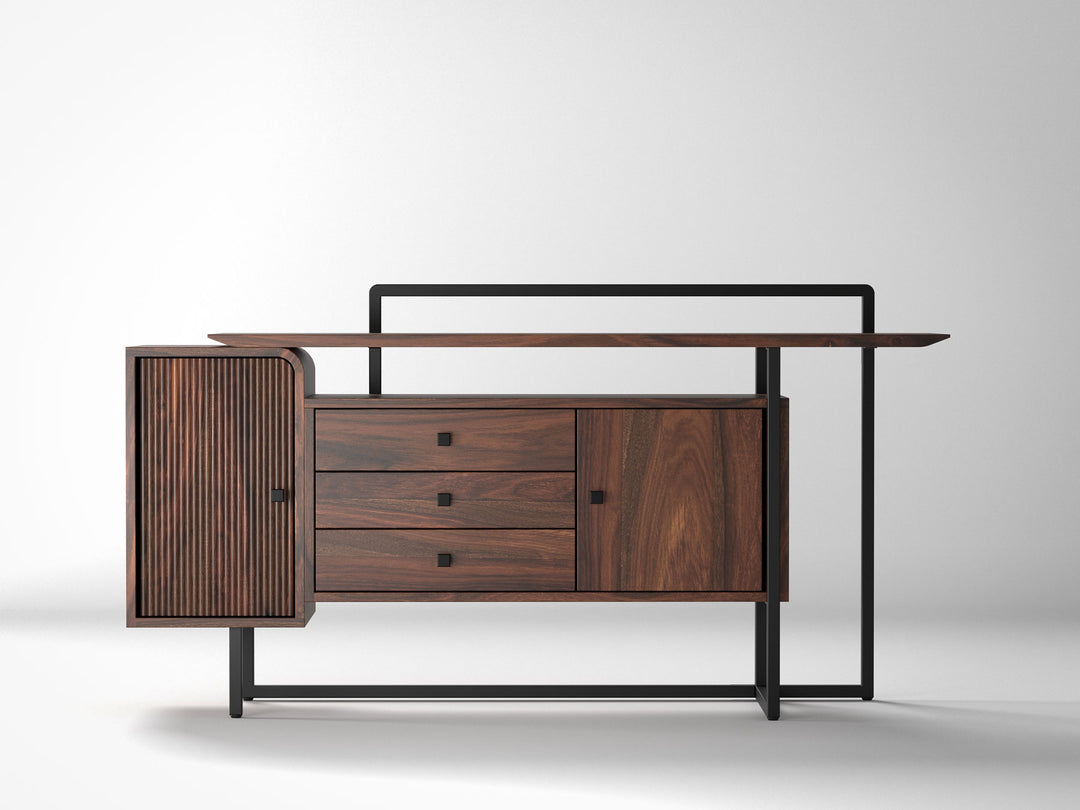 Sideboard, solid sheesham wood and steel, 2 doors and 3 drawers