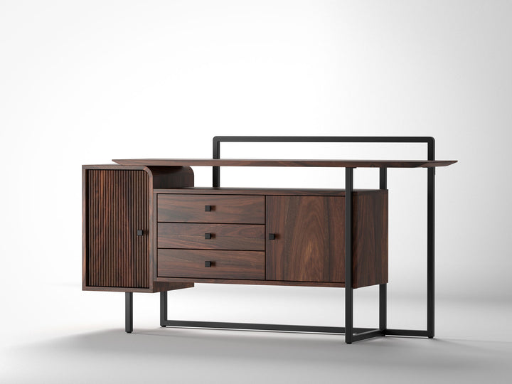 Sideboard, solid sheesham wood and steel, 2 doors and 3 drawers