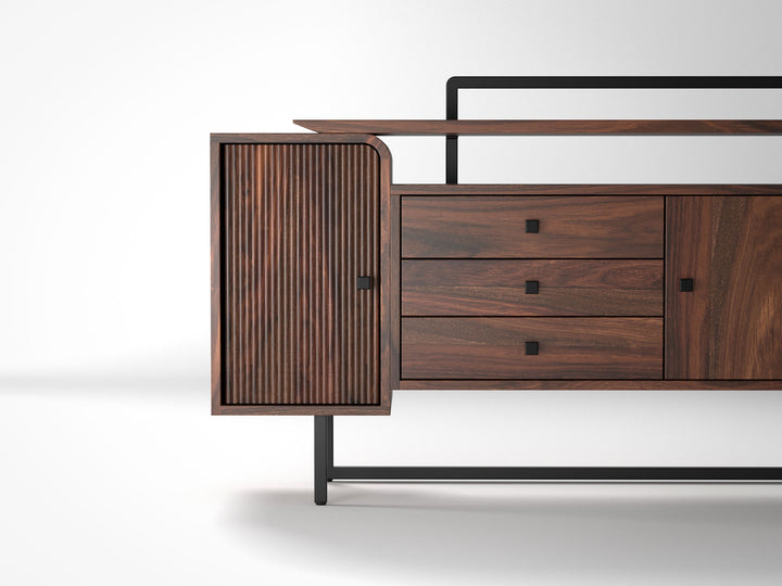 Sideboard, solid sheesham wood and steel, 2 doors and 3 drawers
