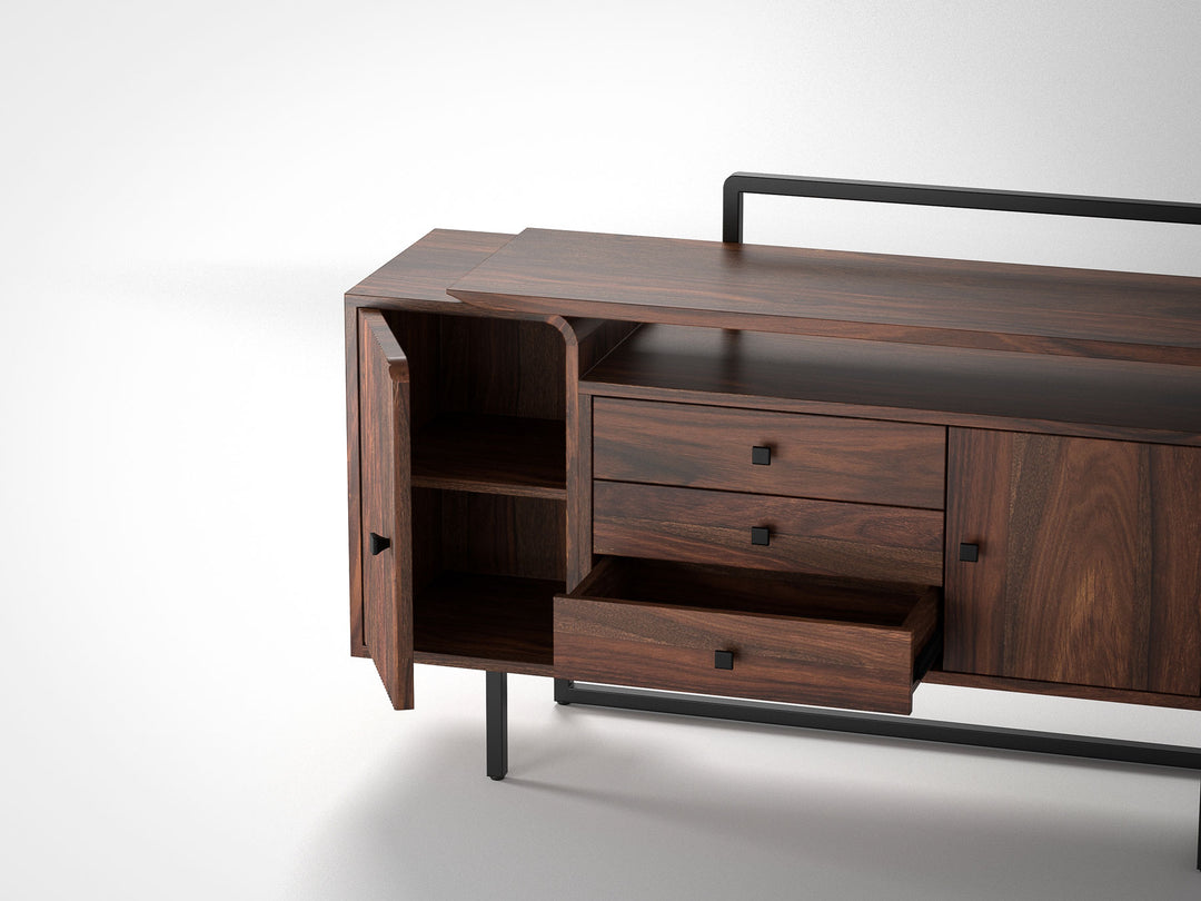 Sideboard, solid sheesham wood and steel, 2 doors and 3 drawers