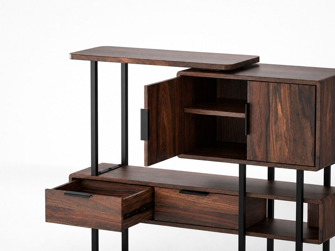 Sideboard, solid sheesham wood and steel, 2 doors and 2 drawers
