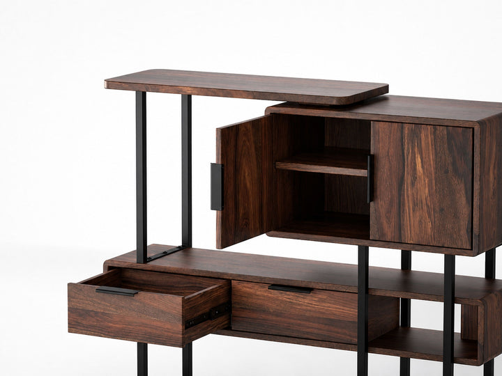 Sideboard, solid sheesham wood and steel, 2 doors and 2 drawers